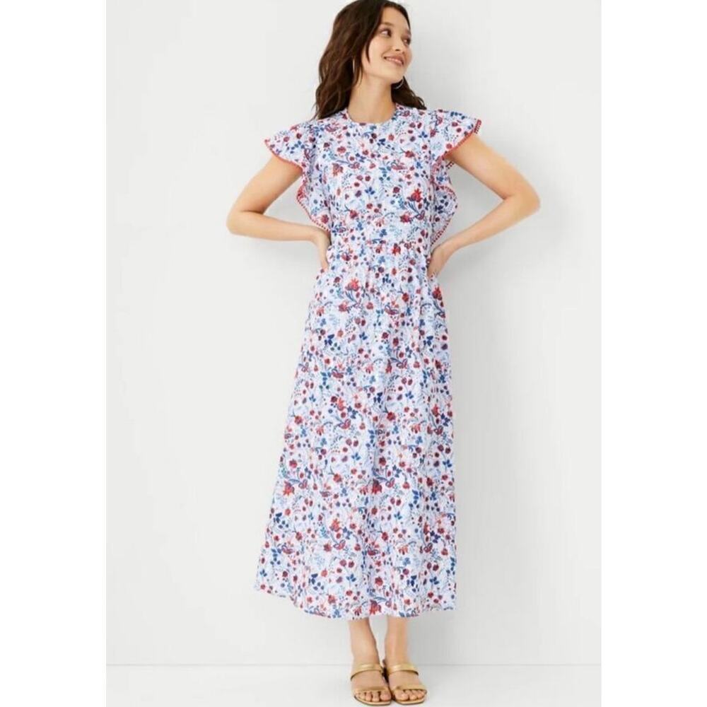 Ann Taylor Floral Ruffle Sleeve Maxi Dress M red blue floral pattern vacation